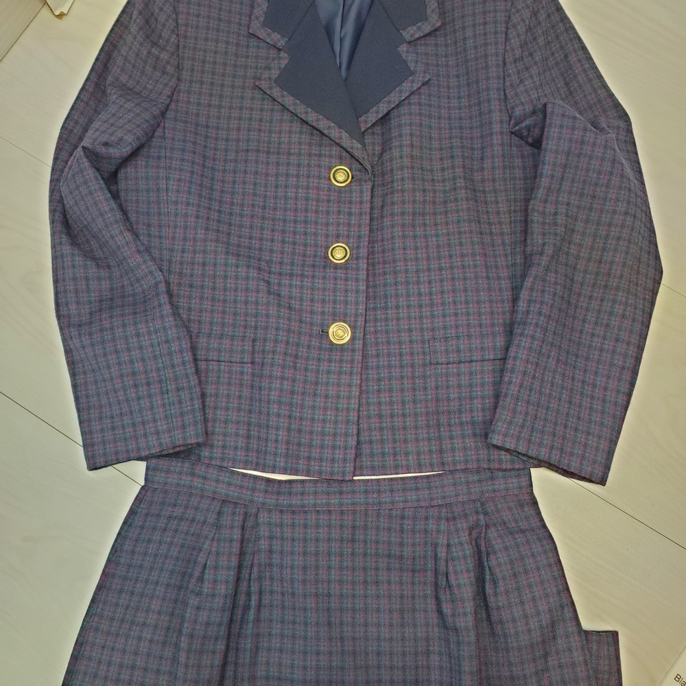 Le Suit Petite Womens 10P Blue Plaid Wool Blend Blazer Skirt Suit Set Vintage